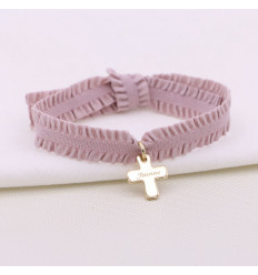 Bracelet ruban froufrou personnalis&eacute; Croix - Argent ou Plaqu&eacute; Or