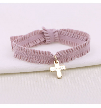 Croix gravée plaqué or sur ruban froufrou vieux rose