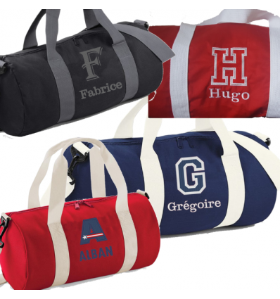 Sac polochon avec grande initiale et prénom brodés imperméable