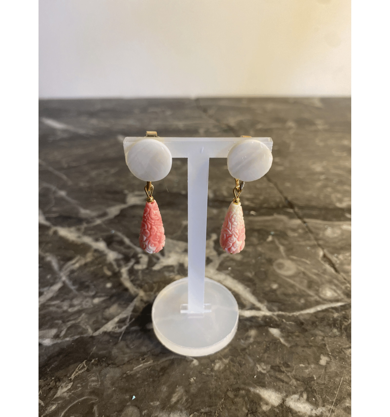 Boucles D'oreilles Vintage Percées Or Rose - Cristal Relief Diamant - Modèle BO249 - Occasion Bon état
