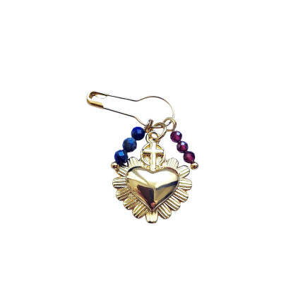 broche coeur sacré grenat lapis lazulis