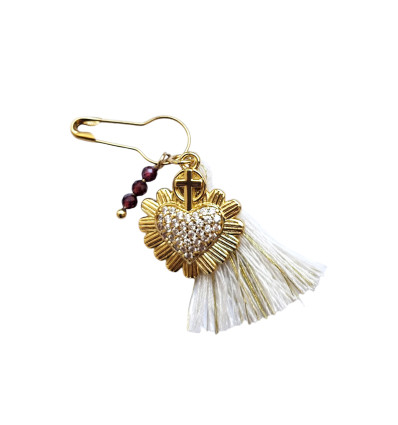 broche sacré coeur grenat et pompon blanc