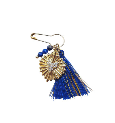 Broache coeur sacré lapis lazulis et pompon bleu