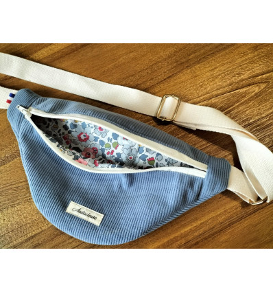 Sac Banane en velours côtelé bleu doublé coton imprimé Liberty of London ton bleu/gris