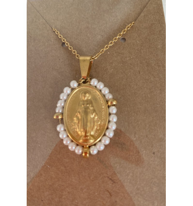 Collier médaille miraculeuse entourée de perles blanches