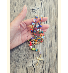 Chapelet catholique multicolore en perles de verre millefiori de Murano avec croix assortie.