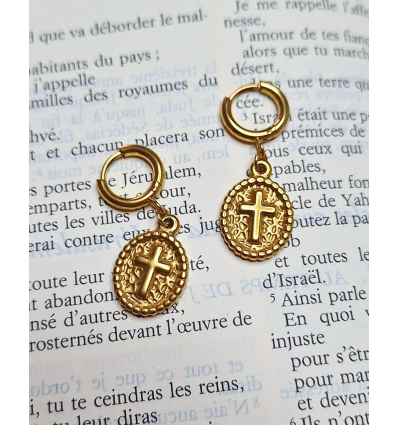 Boucle d'oreille croix acier inoxydable (fait main en France)