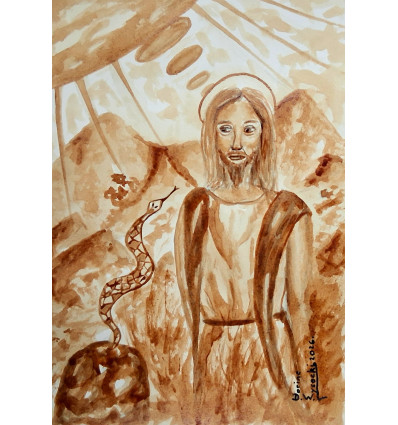 Peinture au café intitulée "Quarante jours au désert"