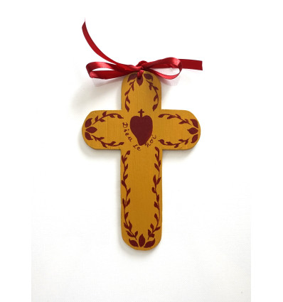 Croix de l'Espérance en bois ocre cœur vendéen et liseré rouge