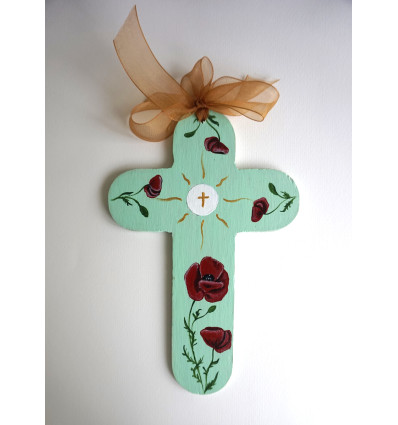 Croix de l'Espérance en bois vert pale fleurs coquelicots