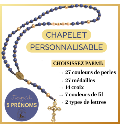 Chapelet catholique en bois, fait main et personnalisable : couleurs, médaille, croix et prénoms.